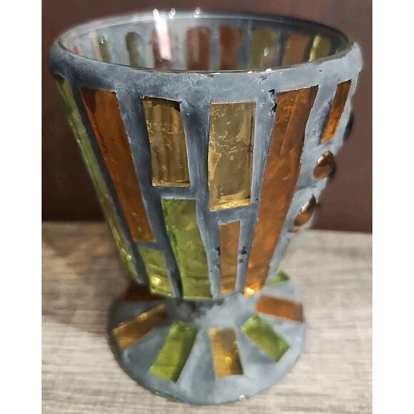 Stained glass wine Glass Chalice Vessel chunky orange green 70s heavy OOAK decor - Picture 4 of 8